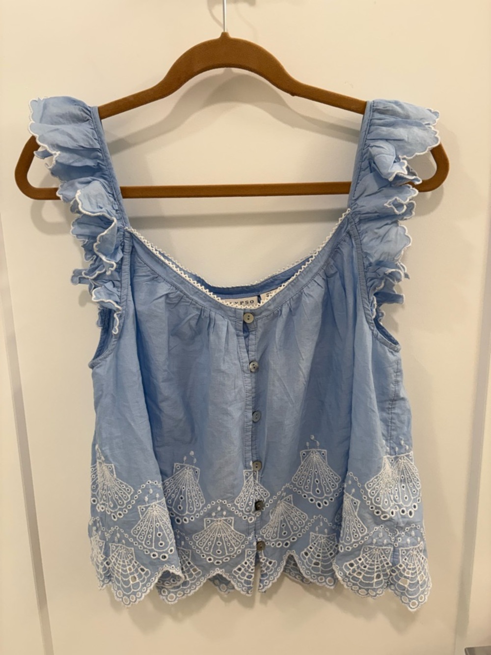 Calypso St. Barth Blue White Cotton Eyelet Embroidered Ruffle Top Size Small